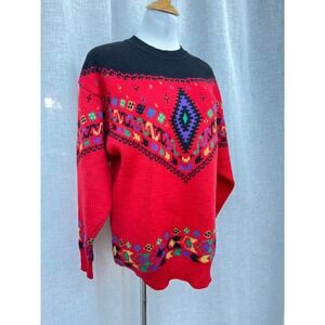 1980 Steffner long sleeve large knitted red black Crewneck sweater Aztec design
